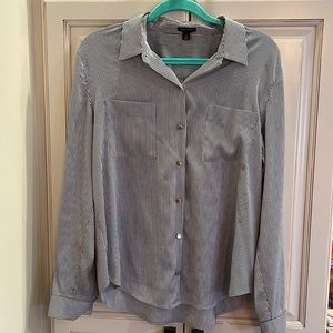 Ann Taylor Blue White Striped Gold Accent Button Blouse Medium